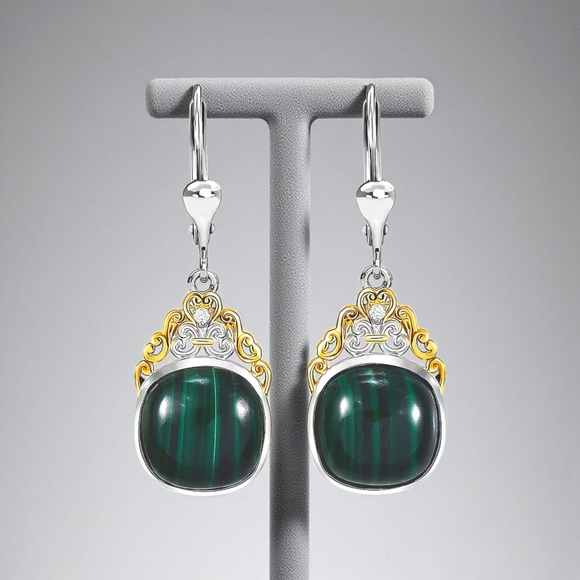 18K Vermeil and Rhodium Over Sterling Silver Malachite 17.50 ctw Earrings - Picture 1 of 5